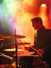 Dynamic Performance of a Drummer in Colorful Stage Lighting for Music and Entertainment : Generative AI
