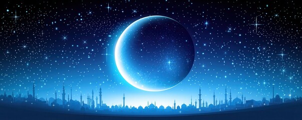 A serene night sky featuring a large blue crescent moon surrounded by twinkling stars, set against a tranquil horizon.