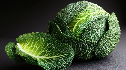 Fototapeta premium Fresh green cabbage with textured leaves, placed on a dark surface, highlighting its natural beauty