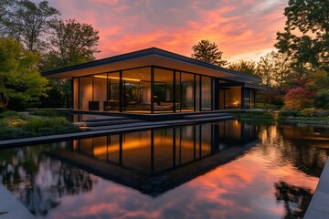 Modern house reflecting in pond at sunset with orange sky