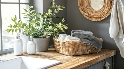 Fototapeta premium A neatly arranged laundry area with cleaning supplies and a washing basin.