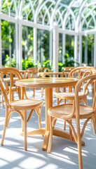 Obraz premium Sunny cafe interior, rattan chairs, garden view