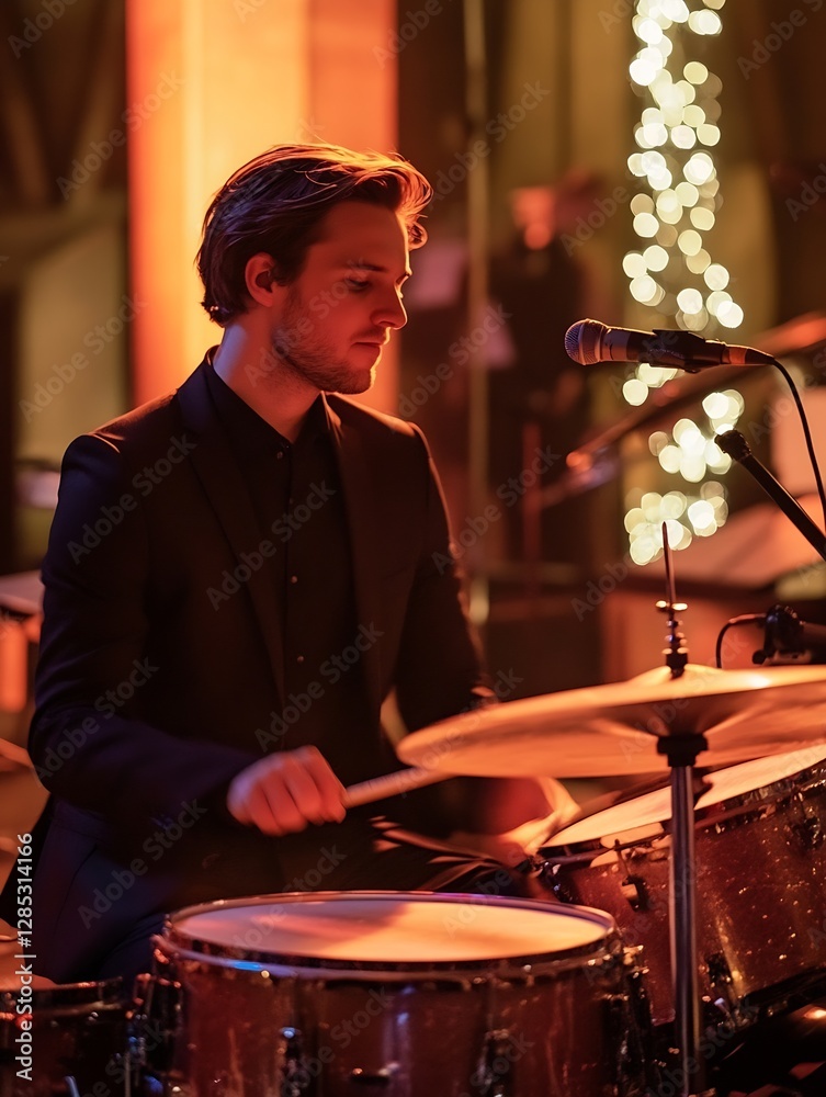 Poster dynamic drummer performing passionately on stage with gentle lighting and a festive ambiance : gener