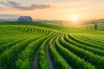 Sunset over rolling green fields and barn