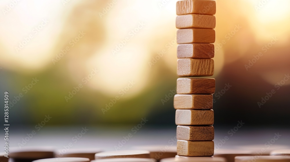 Poster Stack of wooden blocks balancing against a blurred natural background of light : Generative AI