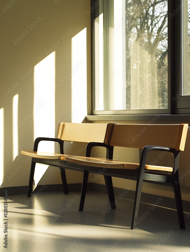 Poster Modern minimalist bench in the bright sunlight creating sharp shadows on the floor : Generative AI