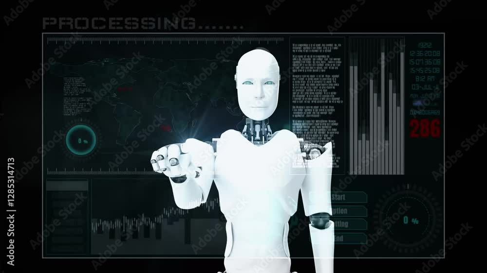 Poster futuristic robot, artificial intelligence cgi big data analytics and programming . robotic man 3d re