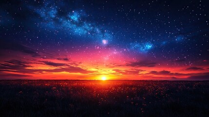 Fototapeta premium A magical sunset with shooting stars and the aurora borealis, creating a breathtaking and awe-inspiring scene perfect for nature lovers and astronomy enthusiasts