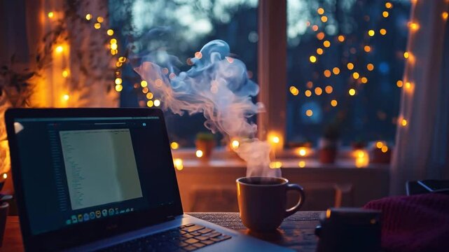 A warm and inviting home workspace featuring a steaming cup of coffee beside an open laptop. The soft glow of fairy lights and a blurred wintery window view create a cozy and productive atmosphere