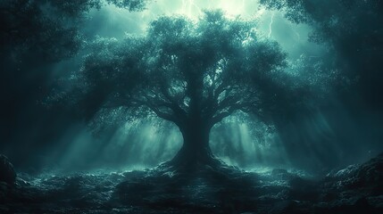 Obraz premium A magical tree illuminated by lightning in a dark forest, creating a dramatic and mysterious scene perfect for fantasy and horror illustrations