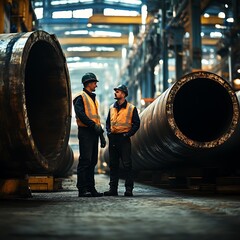 Two factory workers stand in the steel factory examining giant pipes