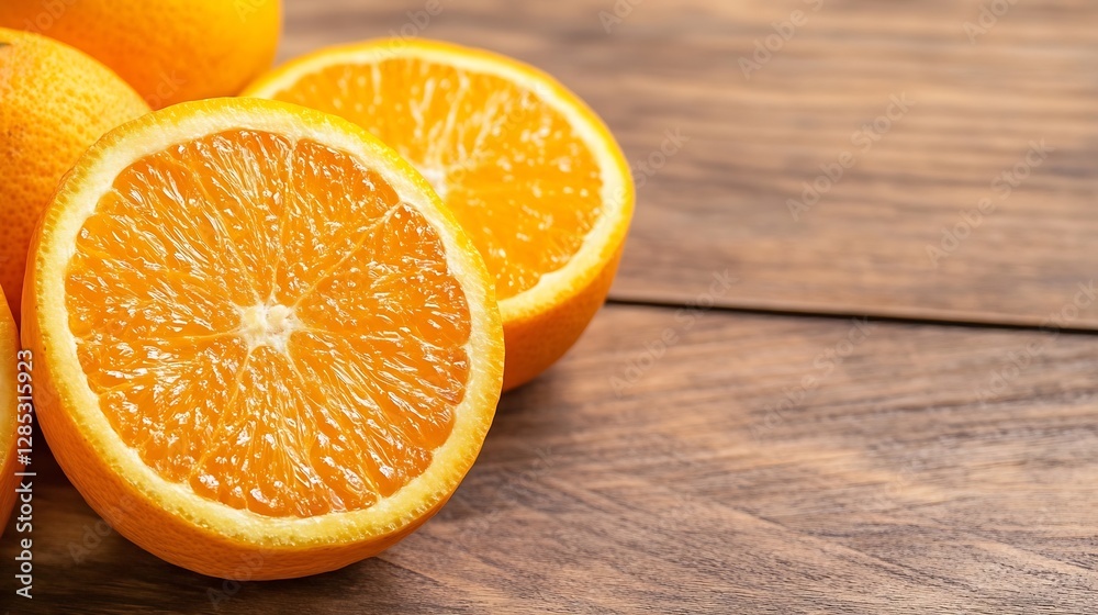 Aufkleber fresh ripe oranges sliced open revealing juicy segments on a wooden surface : generative ai