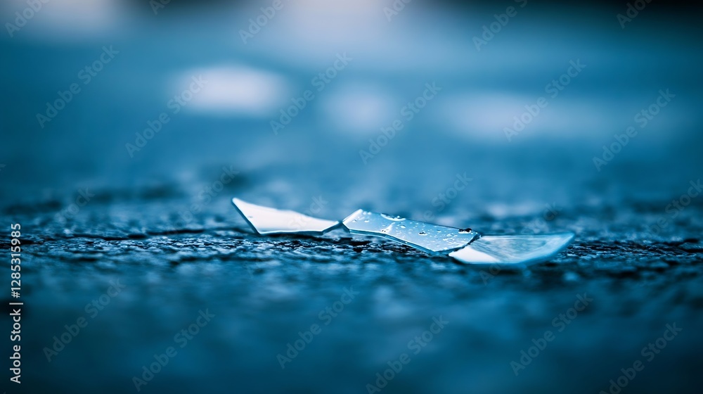 Aufkleber close up of broken glass shards on wet asphalt surface with a dramatic blue hue : generative ai