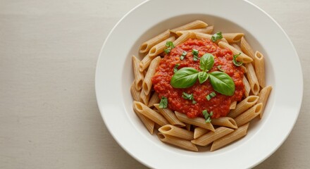 Penne Pasta with Tomato Sauce and Basil in White Bowl