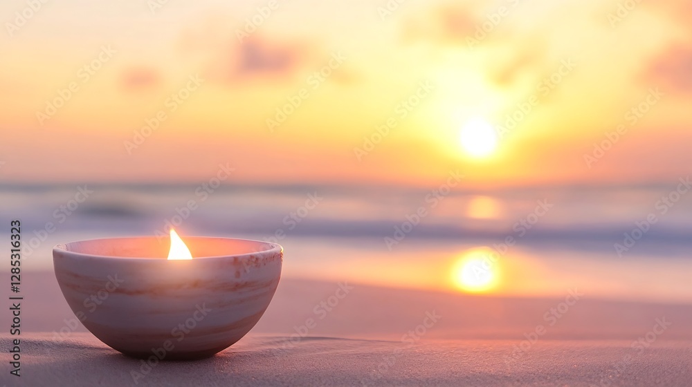 Aufkleber Serene Sunset with Peaceful Candle on the Beach Creating a Relaxing Atmosphere with Warm Colors : Generative AI