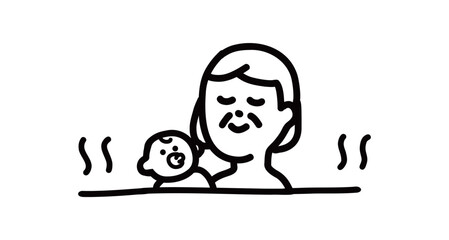 一緒にお風呂でリラックスするおばあさんと赤ちゃんの手書きベクターイラスト