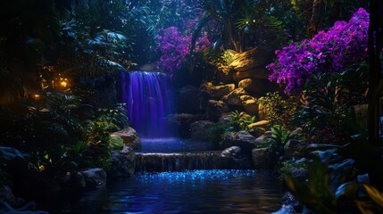 Obraz premium Enchanted Jungle Waterfall with Lush Foliage and Colorful Flowers