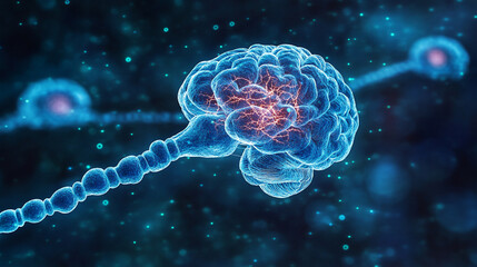 Fototapeta premium Orange glowing neural network depicting a nerve cell neuron transmitting electrical signals in the human brain, symbolizing neural activity and the complexities of neuroscience and neurology.