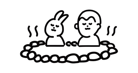 一緒に温泉でリラックスするうさぎと猿の手書きベクターイラスト