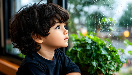 Obraz premium Toddler watching rain, indoor plant, window view