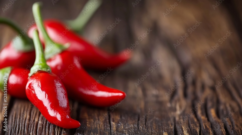 Poster Fresh Red Chili Peppers on Rustic Wooden Surface for Culinary Use : Generative AI
