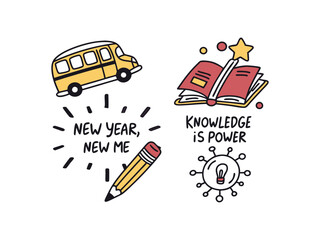 Naklejka premium School phrases of inspirational lettering with education icons. Inspirational school phrases with education icons, motivational lettering for students and teachers