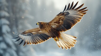 A majestic golden eagle soaring over snowy mountains, its wings catching the sunlight