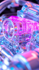 Transparent engine, vibrant glow, close-up, futuristic design, tech background
