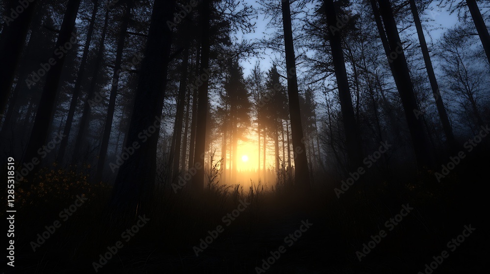 Aufkleber Mysterious Sunset Behind Tall Pine Trees in Foggy Forest : Generative AI