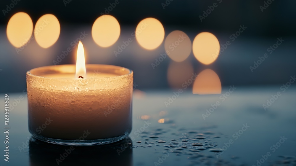 Poster serene candlelight with droplets on glass and a warm ambience for relaxation : generative ai