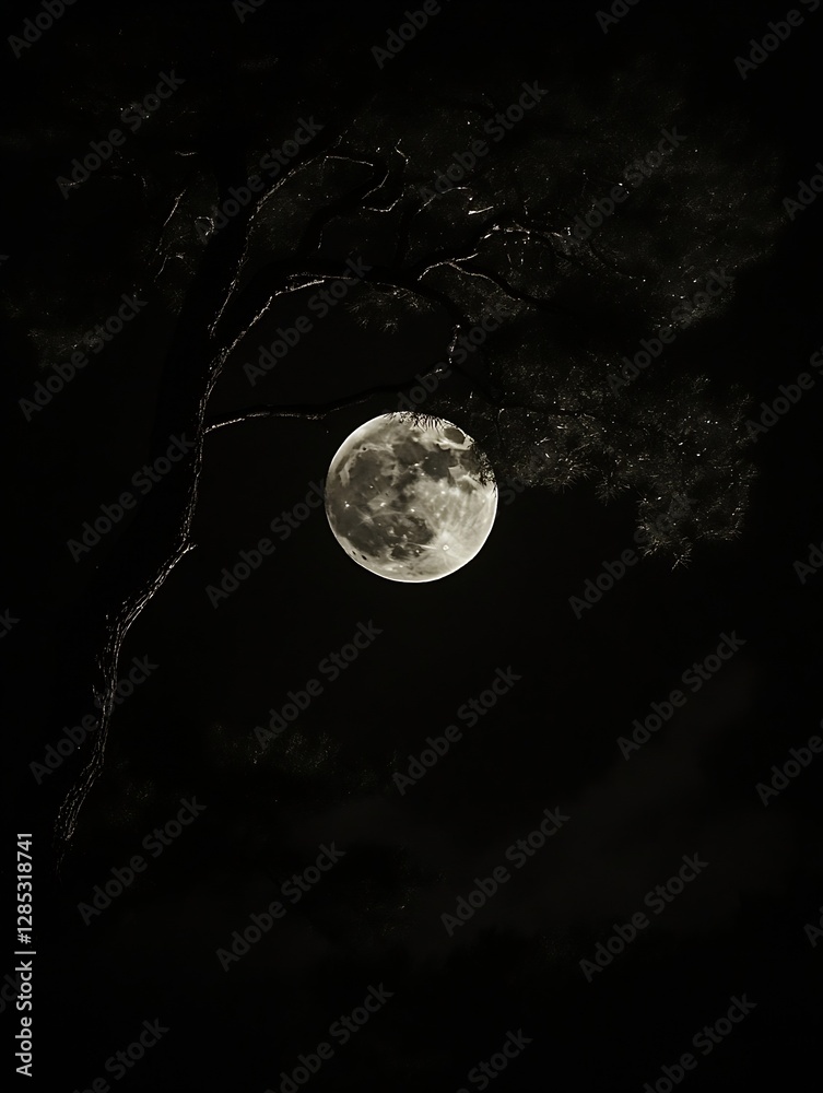 Poster majestic full moon shining through dark trees creating a captivating night sky atmosphere : generati