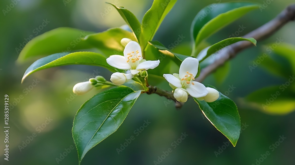 Poster delicate citrus blossom on a branch surrounded by green leaves representing freshness in nature : ge
