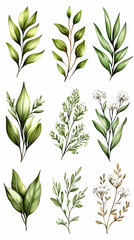Fototapeta premium Watercolor Botanical Illustrations Green Leaves & White Flowers