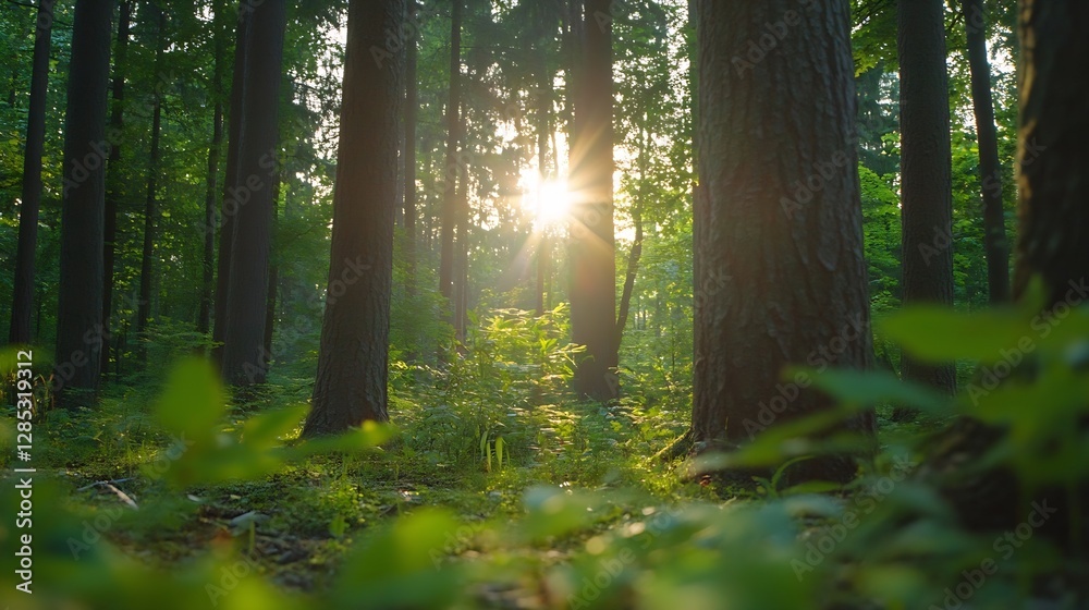 Aufkleber Sunlight Filtering Through Tall Trees in a Lush Green Forest Creating a Serene Environment : Generative AI