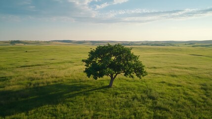 Obraz premium Lone tree standing in the vast green field against a bright blue sky illustrating serenity and nature : Generative AI
