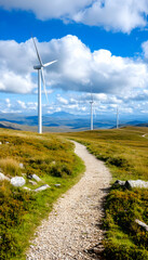 Winding path to wind turbines, Scottish highlands, sunny day, renewable energy