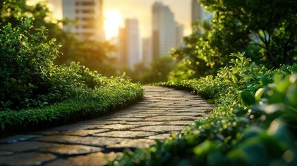 Fototapeta premium Serene pathway winding through lush greenery with city skyline at sunset in the background