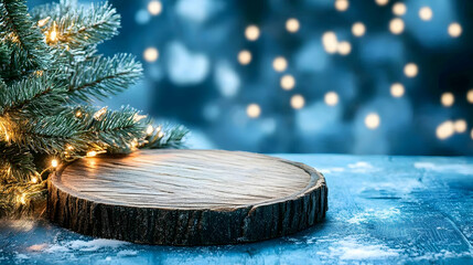 Winter holiday scene wooden display, snowy background