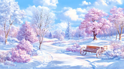 Winter park scenic view, snow-covered path, sunny day, pink trees, cart