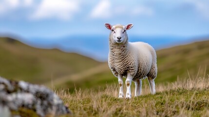 Obraz premium Adorable Sheep Standing on Green Grass Under a Beautiful Blue Sky in Nature : Generative AI