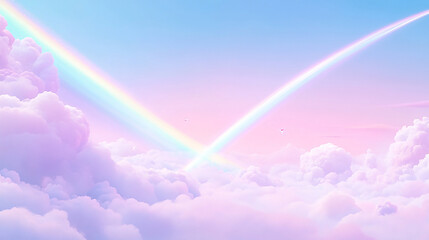 Serene pastel sky with dual rainbows arching over fluffy clouds during a tranquil sunset