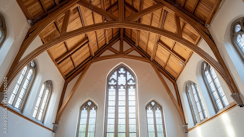 Poster stunning wooden architecture with high ceiling and gothic windows : generative ai