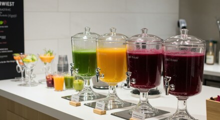 Assorted Fresh Juice Dispensers at Breakfast Buffet Ready to Serve