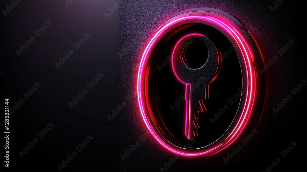 Poster neon key icon illuminated against a dark background, suggesting security and access concepts