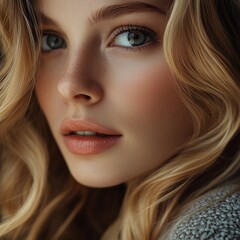 Naklejka premium Portrait of beautiful young blonde hair with fresh skin Portrait of a woman with wavy hair