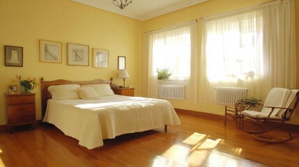 Fototapeta premium Bright and inviting bedroom with soft yellow walls, reflecting natural light.