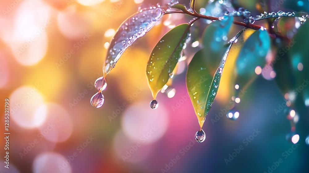 Aufkleber colorful close up of dew drops on leaves with a soft bokeh background enhancing beauty : generative 