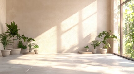 Fototapeta premium Bright Minimalist Interior With Potted Plants Illuminated by Natural Light in a Serene, Open Space