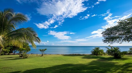 Obraz premium Serene Tropical Beach Landscape with Crystal Clear Water and Lush Greenery Under a Beautiful Blue Sky : Generative AI