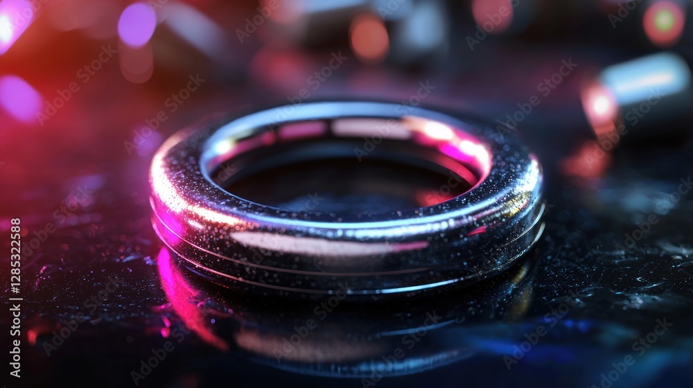 Wall mural a close-up view of a shiny metallic ring on a reflective surface with colorful lights in the backgro